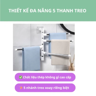Xả Kho Giá Khăn Mặt - Giá Treo Khăn Xoay 180 độ Thép Không Gỉ 5 Nhánh - Giá Ưu Đãi 34.999đ