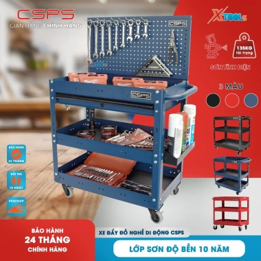 Xe đẩy 3 tầng CSPS xanh Tủ đồ nghề đa năng 136kg 4 bánh xoay có khóa sơn tĩnh điện xuất khẩu Mỹ