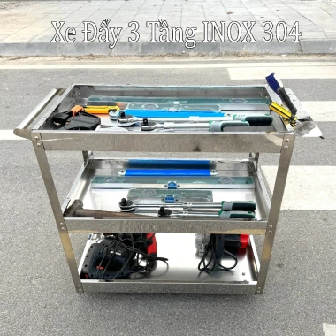Xe đẩy dụng cụ inox 304 3 tầng - kèm khay đựng, bánh xe tiện lợi, giảm 20%