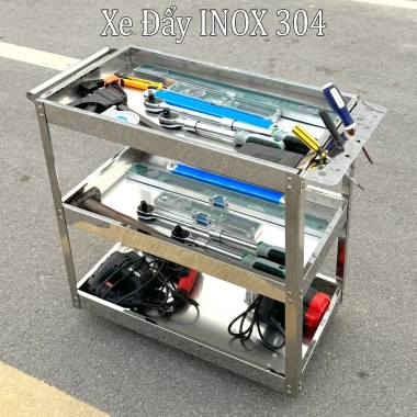 Xe đẩy dụng cụ inox 304 3 tầng - kèm khay đựng, bánh xe tiện lợi, giảm 20%