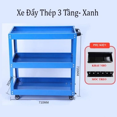 Xe đẩy dụng cụ inox 304 3 tầng - kèm khay đựng, bánh xe tiện lợi, giảm 20%