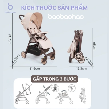 Xe đẩy gấp gọn Baobaohao A2 màu kem-xám - Giảm rung, bảo hành 1 năm, chỉ 929.000₫