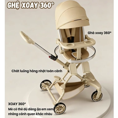 Xe đẩy gấp gọn bé Beige - Đảo chiều, 3 tư thế, tặng khay ăn và Lò Xo, giá 629.000₫
