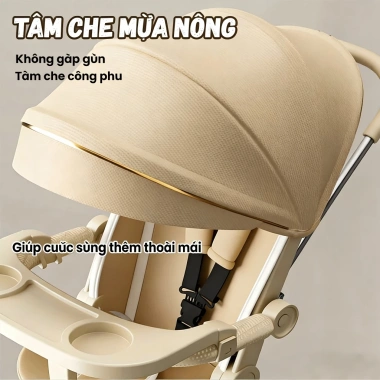Xe đẩy gấp gọn bé Beige - Đảo chiều, 3 tư thế, tặng khay ăn và Lò Xo, giá 629.000₫