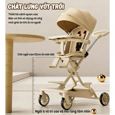 Xe đẩy gấp gọn bé Beige - Đảo chiều, 3 tư thế, tặng khay ăn và Lò Xo, giá 629.000₫