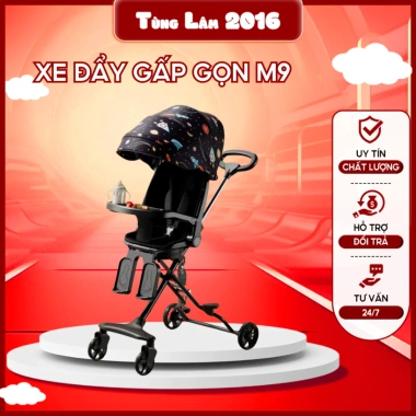 Xe đẩy gấp gọn bé M9 2.024 - Màn che, lò xo giảm xóc, bàn ăn dặm, 550k