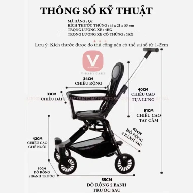 Xe Đẩy Gấp Gọn Đảo Chiều V‑Baby Q2 – Khung Thép Cacbon, Dây Khóa An Toàn, Đệm Da Xịn, Giá 850.000₫