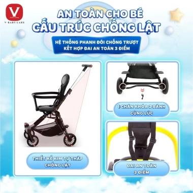 Xe Đẩy Gấp Gọn Đảo Chiều V‑Baby Q2 – Khung Thép Cacbon, Dây Khóa An Toàn, Đệm Da Xịn, Giá 850.000₫