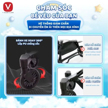 Xe Đẩy Gấp Gọn Đảo Chiều V‑Baby Q2 – Khung Thép Cacbon, Dây Khóa An Toàn, Đệm Da Xịn, Giá 850.000₫