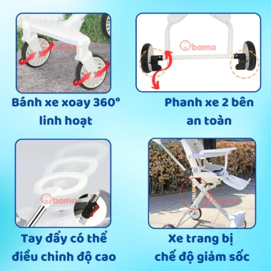 Xe đẩy gấp gọn OBAMA 2 chiều 3 tư thế, cho bé 2 tháng‑6 tuổi, giá chỉ 490k
