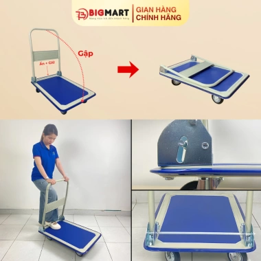 Xe đẩy hàng 150-300kg tay cầm gấp gọn, 4 bánh cao su, sàn thép - 584.800₫