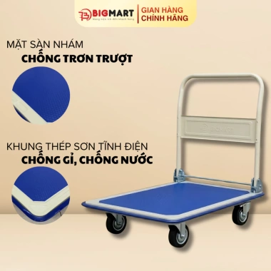 Xe đẩy hàng 150-300kg tay cầm gấp gọn, 4 bánh cao su, sàn thép - 584.800₫