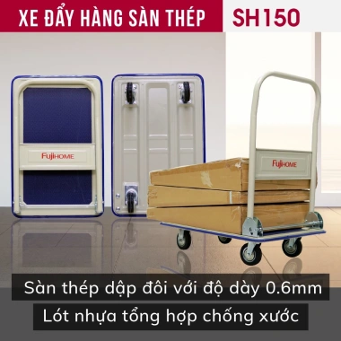 Xe đẩy hàng 4 bánh gấp gọn 100‑200kg FUJIHOME, bánh cao su chống ồn, sàn nhựa