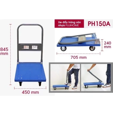 Xe đẩy hàng 4 bánh gấp gọn 100‑200kg FUJIHOME, bánh cao su chống ồn, sàn nhựa