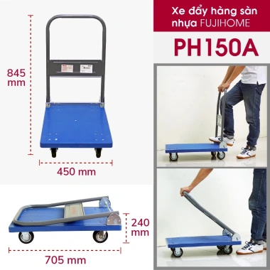 Xe đẩy hàng 4 bánh gấp gọn 100‑200kg FUJIHOME, bánh cao su chống ồn, sàn nhựa