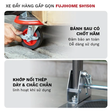 Xe đẩy hàng 4 bánh gấp gọn 150kg Fujihome, bánh cao su, khóa chống ồn, đa năng - 684.000 VND
