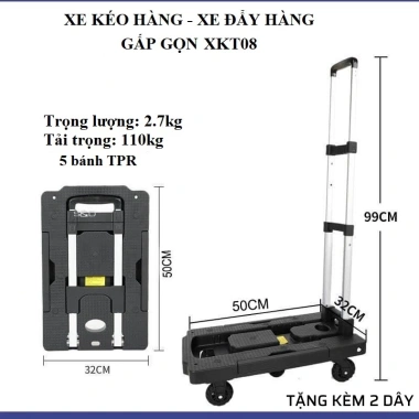 Xe kéo hàng, xe đẩy hàng gấp gọn 5 bánh XKT08, tải 110kg/90kg, giá 575k