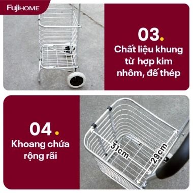 Xe kéo mini gập gọn FUJIHOME SC-250NEW2 khung hợp kim bánh cao su chống trượt, êm ái, giá 447.000 VND