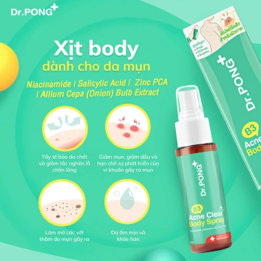 Xịt dưỡng giảm mụn cơ thể Dr.PONG B3 Acne Clear 60ml - Giảm giá, sạch, không bít tắc