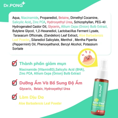 Xịt dưỡng giảm mụn cơ thể Dr.PONG B3 Acne Clear 60ml - Giảm giá, sạch, không bít tắc