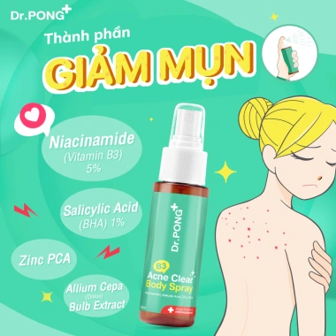 Xịt dưỡng giảm mụn cơ thể Dr.PONG B3 Acne Clear 60ml - Giảm giá, sạch, không bít tắc
