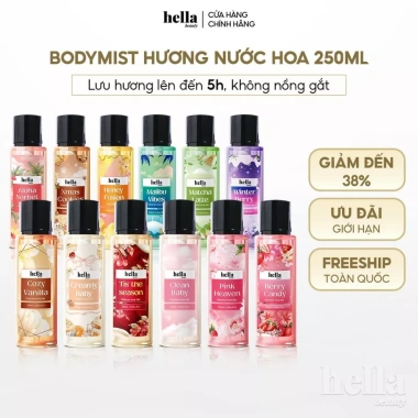 Xịt thơm body mist Hella Beauty 250ml hương nước hoa lưu hương lâu, an toàn cho da nhạy cảm, giảm giá 174k