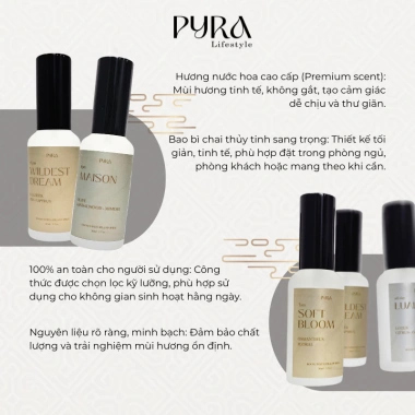 Xịt thơm phòng vải & gối hương nước hoa tinh tế - chai thủy tinh 50ml an toàn Pyra Lifestyle