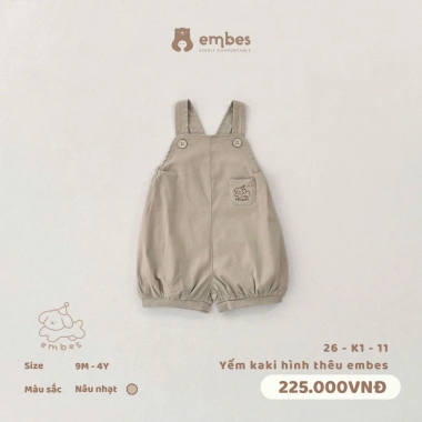 Yếm Embes Kaki Ngực Túi Thêu Đẹp Cho Bé 8‑18kg – Quần Yếm Mềm, Giá Giảm 213.750₫ 8 Yếm Embes Kaki Ngực Túi Thêu Đẹp Cho Bé 8‑18kg – Quần Yếm Mềm, Giá Giảm 213.750₫ 8