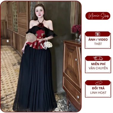 Yếm Gấm Hoa Nhún Bèo Tầng Rớt Vai, Chân Váy Xoè Dài Thiết Kế Tinh Tế Minnie Shop Giá Giảm Đặc Biệt 200k