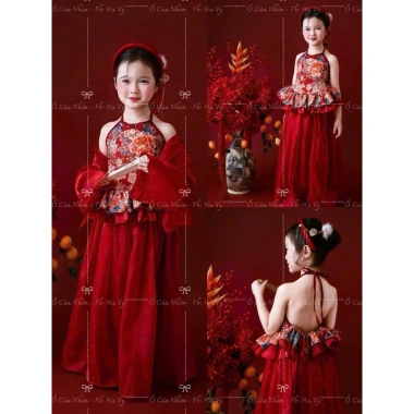 Yếm Trung Thu bé gái cổ yếm kim sa, váy tùng rộng buộc nơ lưng, size 10‑30kg, giảm giá 175.999₫ 2