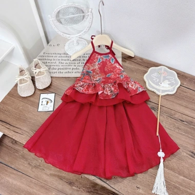 Yếm Trung Thu bé gái cổ yếm kim sa, váy tùng rộng buộc nơ lưng, size 10‑30kg, giảm giá 175.999₫ 6