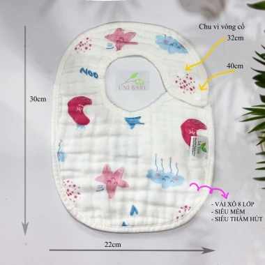 Yếm xô bé vuông 8 lớp cúc bấm chữ U trắng dày dặn siêu thấm hút 30x22cm Uni Baby 2