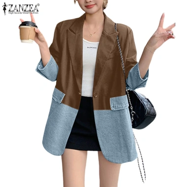 ZANZEA Áo Denim 3/4 Tay Chắp Vá Midi Blazer Nữ Hàn Quốc - Giá 303.858₫ ZANZEA Áo Denim 3/4 Tay Chắp Vá Midi Blazer Nữ Hàn Quốc - Giá 303.858₫