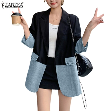 ZANZEA Áo Denim 3/4 Tay Chắp Vá Midi Blazer Nữ Hàn Quốc - Giá 303.858₫