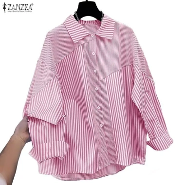 ZANZEA Đầm dài tay sọc nữ Hàn Quốc - mix áo sơ mi công sở, giá ưu đãi 342k
