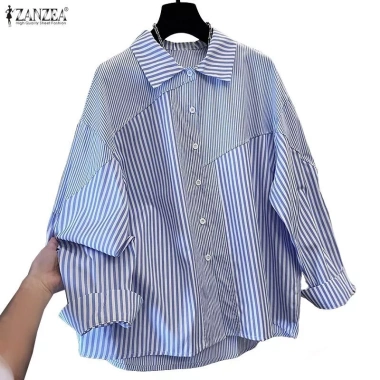 ZANZEA Đầm dài tay sọc nữ Hàn Quốc - mix áo sơ mi công sở, giá ưu đãi 342k