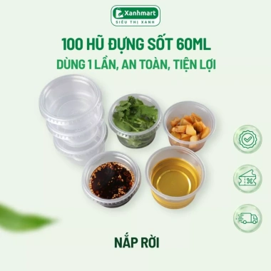 100 hũ chén 60ml nhựa nắp Xanhmart - Đựng sốt, caramen, nước chấm, tương, gia vị