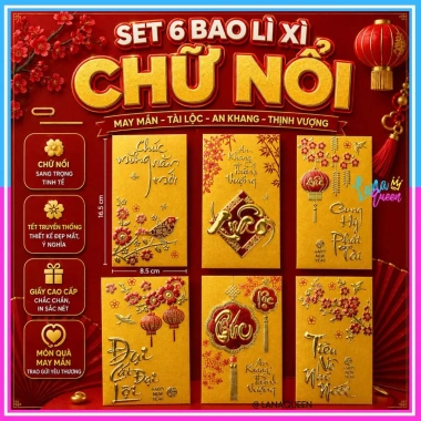 6 Bao Lì Xì Vàng Tết 2.026 Bính Ngọ - In Chữ Nổi Ép Kim 3D, Truyền Thống, 8.900₫