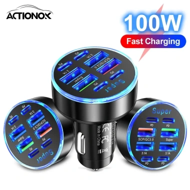 Actionok 100W Sạc Nhanh 8 Cổng PD QC3.0 USB-C cho Xe Hơi và Adapter Ô Tô