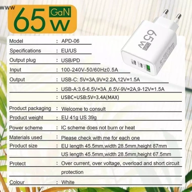 Adapter Power 65W USB-C PD sạc nhanh cho Samsung, Xiaomi, Huawei, Tablet Pad - Du lịch tiện lợi