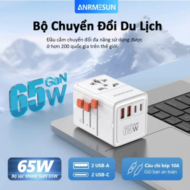 ANRMESUN 65W Bộ chuyển đổi điện toàn cầu 2USB 2Type-C Sạc nhanh 20W, bảo vệ quá tải, chịu nhiệt, nhẹ gọn