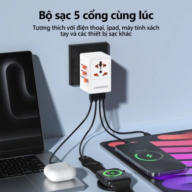 ANRMESUN 65W Bộ chuyển đổi điện toàn cầu 2USB 2Type-C Sạc nhanh 20W, bảo vệ quá tải, chịu nhiệt, nhẹ gọn