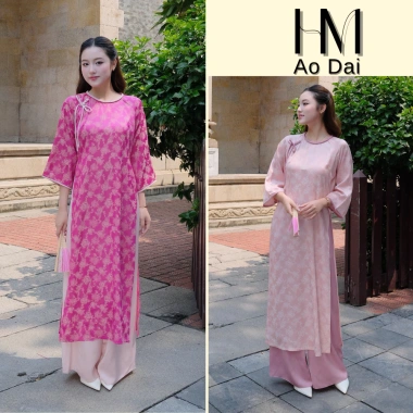 Áo cách tân 2 tà cổ tết đính cúc nơ, tay lỡ loe, vải gấm hoa Thanh Yên - lễ tết đồng phục