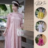 Áo cách tân 2 tà cổ tết đính cúc nơ, tay lỡ loe, vải gấm hoa Thanh Yên - lễ tết đồng phục 7