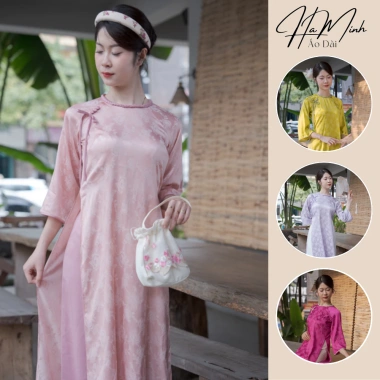Áo cách tân 2 tà cổ tết đính cúc nơ, tay lỡ loe, vải gấm hoa Thanh Yên - lễ tết đồng phục