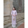 Áo cách tân 2 tà cổ tết đính cúc nơ, tay lỡ loe, vải gấm hoa Thanh Yên - lễ tết đồng phục 9
