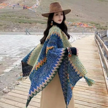 Áo choàng len thổ cẩm nữ mùa thu đông phong cách boho dân tộc cổ điển - 176.700₫
