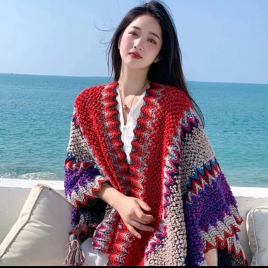 Áo choàng len thổ cẩm nữ mùa thu đông phong cách boho dân tộc cổ điển - 176.700₫