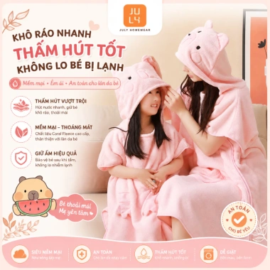 Áo choàng tắm trùm đầu Capybara chất liệu san hô, thấm nước nhanh cho người lớn và trẻ em – Giá 209.000đ