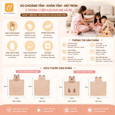 Áo choàng tắm trùm đầu Capybara chất liệu san hô, thấm nước nhanh cho người lớn và trẻ em – Giá 209.000đ
